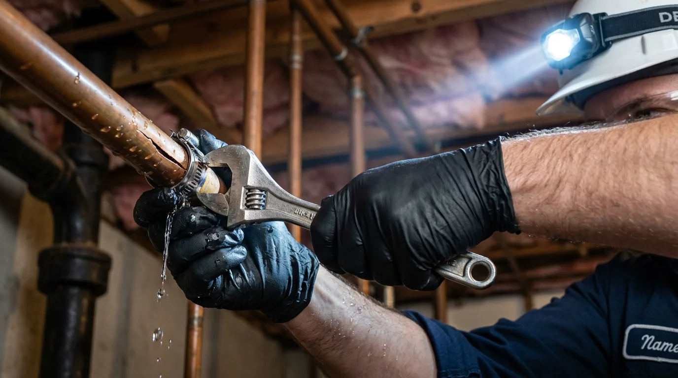 Emergency pipe clamp repair being performed by a Johns Plumbing LLC plumber in Plainview