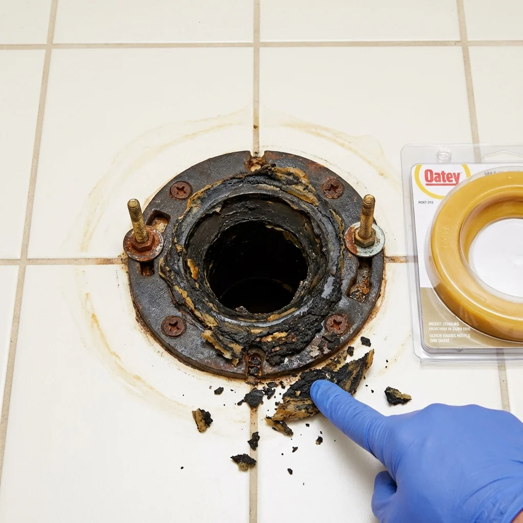 Failed wax ring showing water seepage at the base of a toilet in a Plainview, TX home